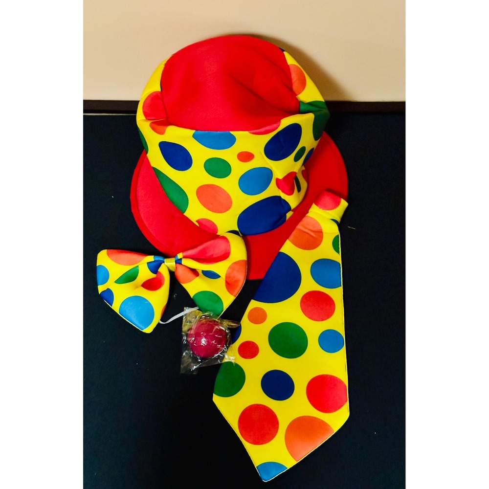 Clown Costume Accessory Set Polka Dot Top Hat Necktie Bow Tie Red Nose Halloween